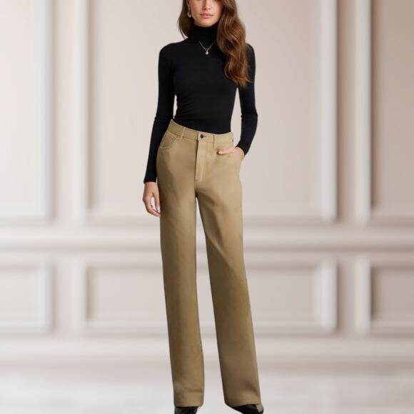 Abercrombie & Fitch Women's 4 90s Straight Ultra High Rise Faux Leather Pant Tan - Picture 1 of 12